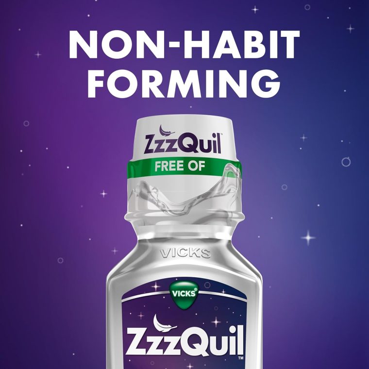 ZzzQuil, Nighttime Sleep Aid Liquid, FREE OF Alcohol & Artificial Dyes, 50 mg Diphenhydramine HCl, No.1 Sleep Aid Brand, Fall Asleep Fast, Non-Habit Forming, Soothing Berry Flavor, 12 FL OZ - Image 5