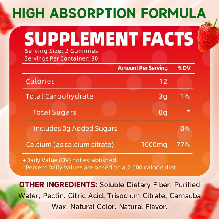 2 Pack Calcium Citrate Gummies, Sugar Free Calcium Citrate 1000mg for Muscle Healthy, Absorption Calcium Supplements for Adults & Kids, Strawberry, 120 Count - Image 2