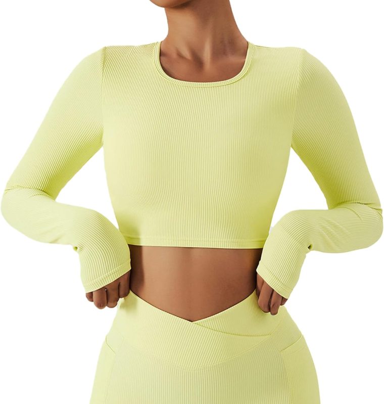 Chanllengym Women Backless Workout Crop T Shirt Top, Ribbed Long Sleeve Padded Sports Low Medium Impact Yoga Shirt