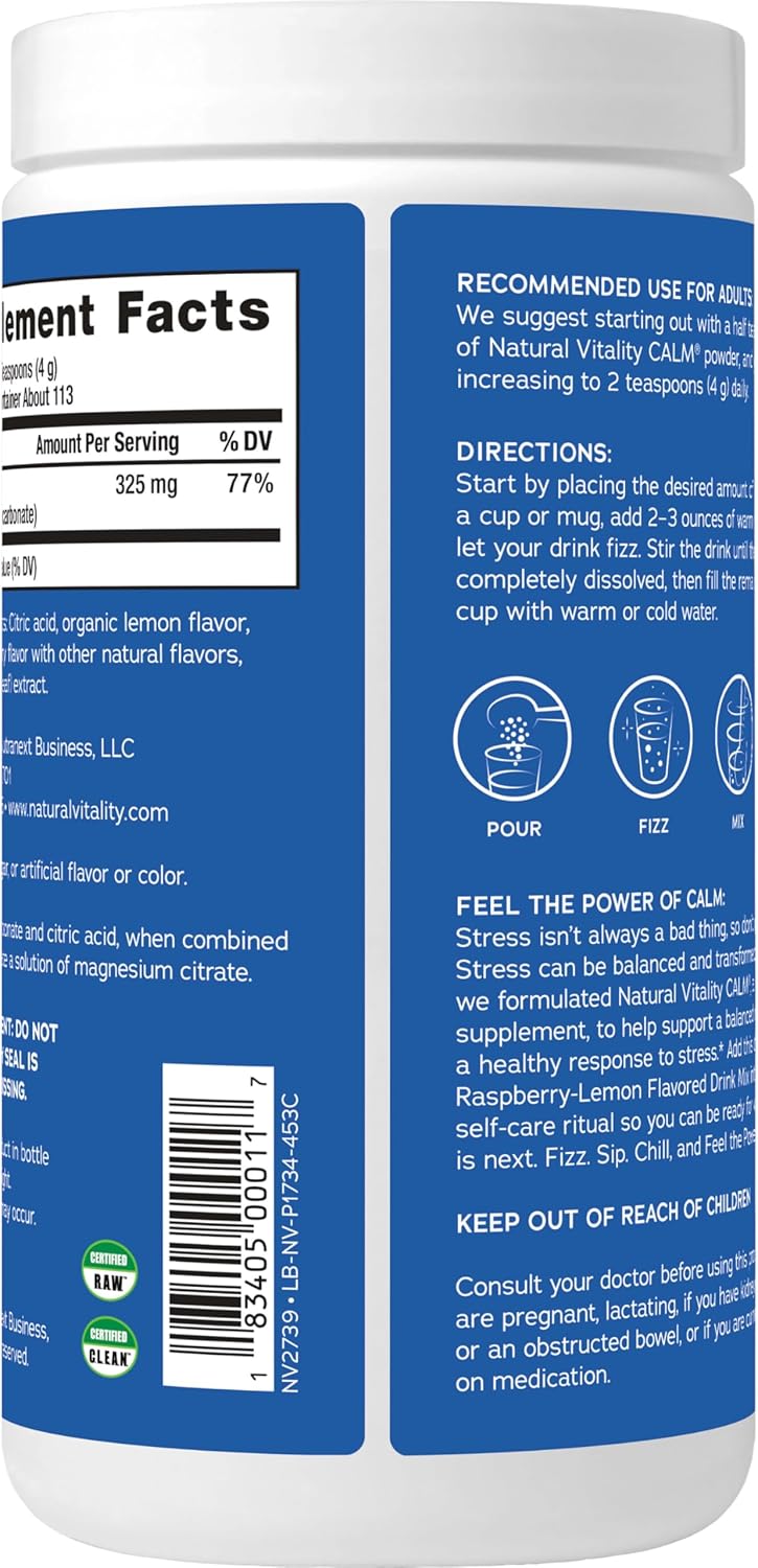 Natural Vitality Calm, Magnesium Citrate Supplement, Anti-Stress Drink Mix Powder, Gluten Free, Vegan, & Non-GMO, Raspberry Lemon, 16 oz - Image 9