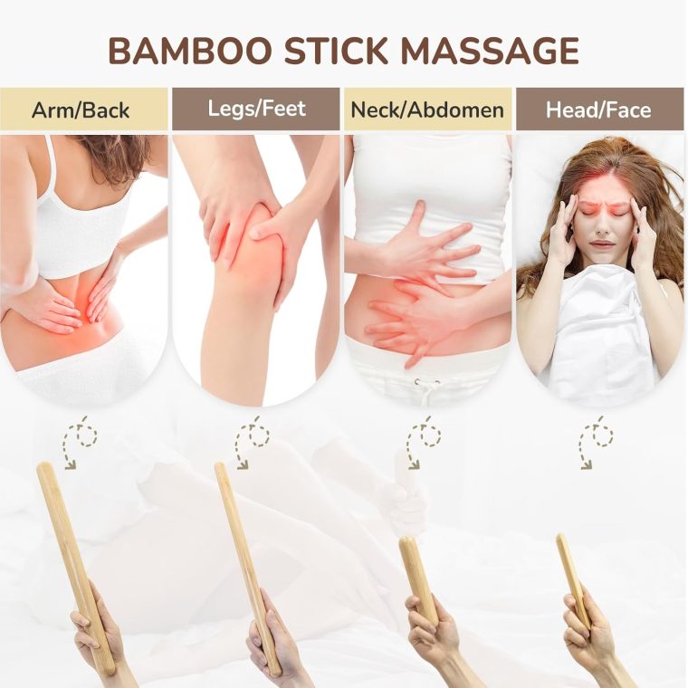 4PCS Solid Bamboo Massage Sticks & Guasha Set with Roller/Stick - 100% Bamboo Therapy Tools for Neck/Arm/Back/Legs/Full Body, Deep Tissue Massage, Muscle Relaxation, Body Shaping, Fatigue Relief - Image 5