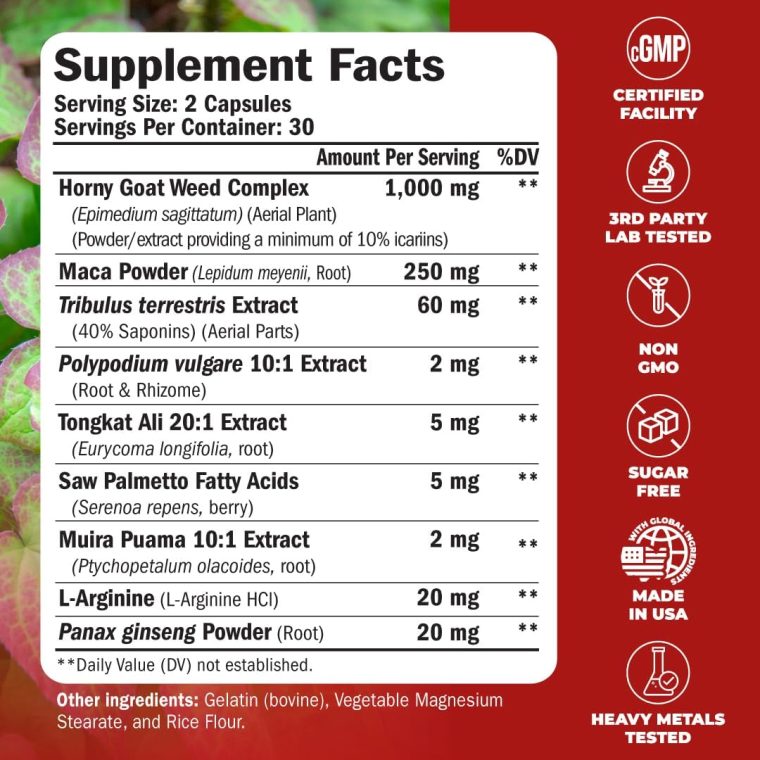 Tongkat Ali & Hornygoatweed for Men with Maca Root Powder, Saw Palmetto for Men and Tribulus Terrestris - Healthy Testosterone Support and Balanced Energy Supplements - 60 Premium Tongat-Ali Capsules - Image 3