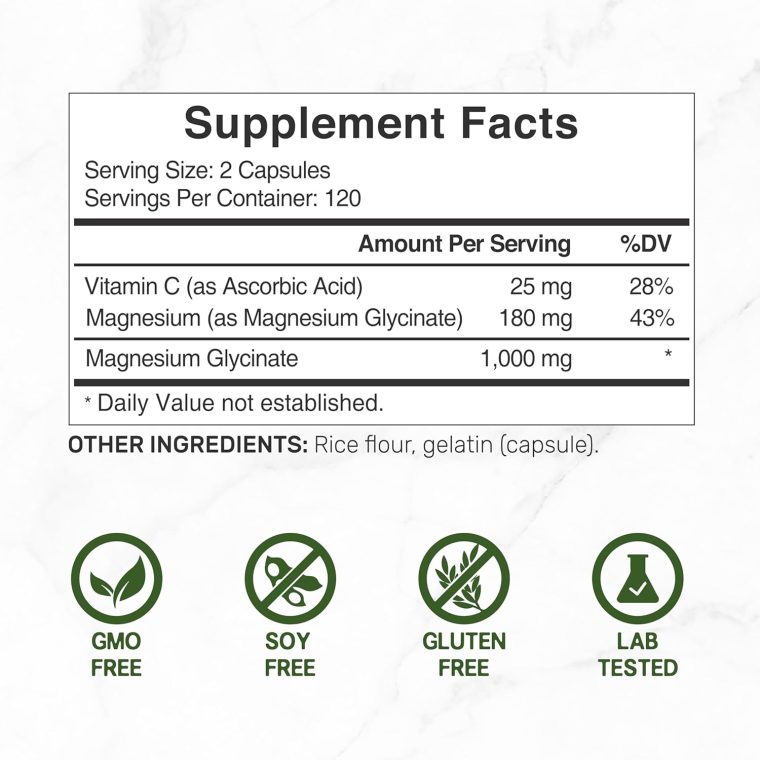 Magnesium Glycinate 500mg Per Capsule (1000mg Per Serving) Plus Vitamin C, 240 Capsules | 100% Chelated for Easy Absorption | Essential Mineral Supplement for Muscle, Sleep, & Heart Health - Image 2