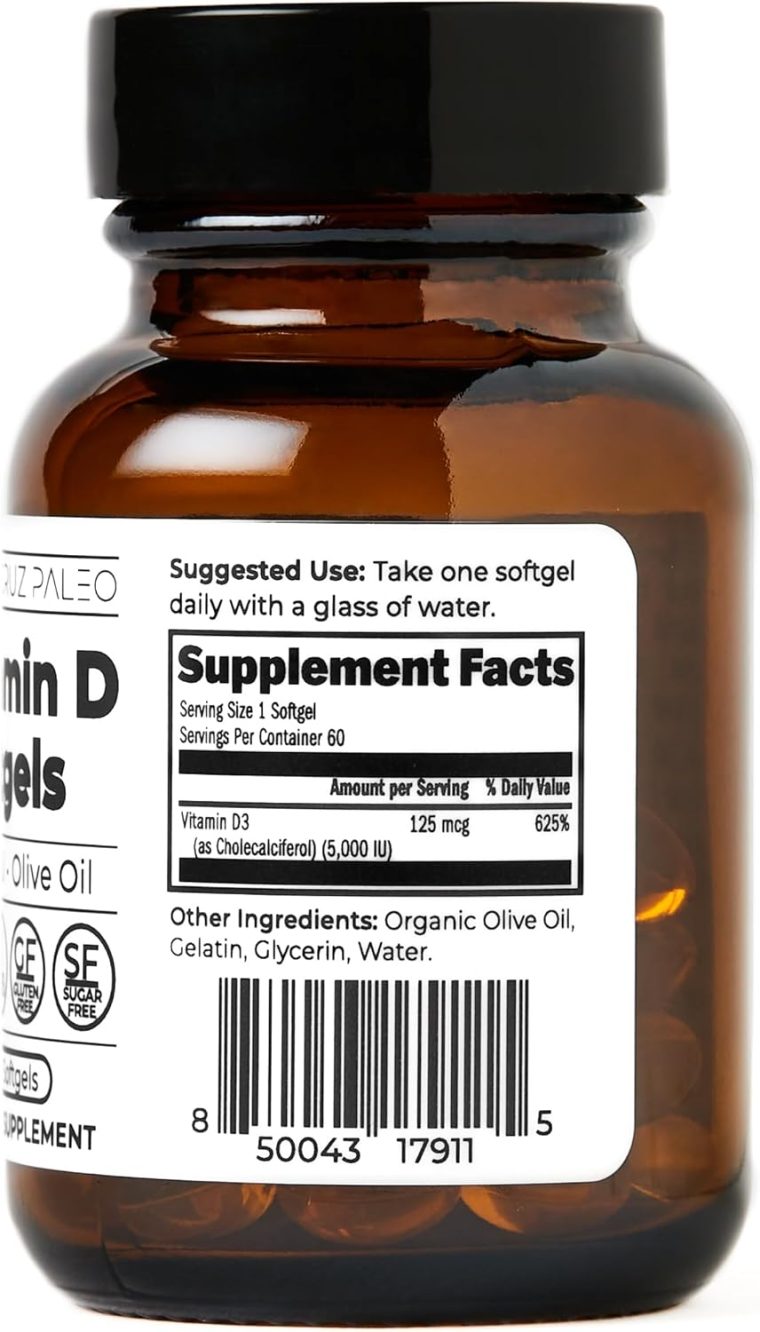 Santa Cruz Paleo Vitamin D Supplement, Bone Health & Immune Support, 5000 i.u. Per Softgel, Gluten Free, Keto, Sugar Free, Paleo, Vitamin D3, Olive Oil for Absorption, Natural Ingredients, 60 Softgels - Image 5
