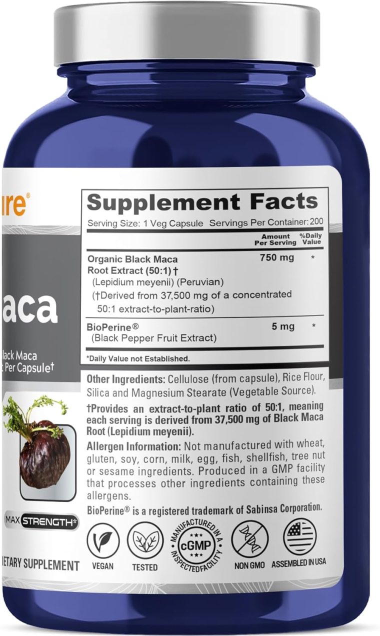 NusaPure Black Maca Root 50:1 Extract, 750 mg Equivalent to 37,500 mg 200 Veggie Per Caps (Vegan, Non-GMO) - Image 2
