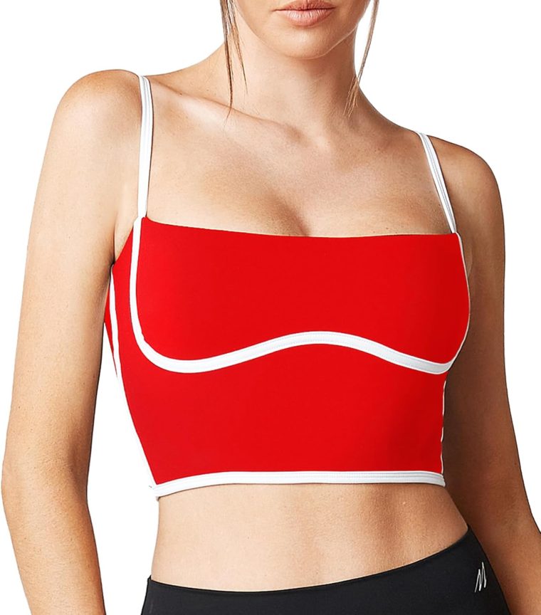 Move With You Sleeveless Spaghetti Strap Padded Sports Bra Tank Tops Square Neck Double Layer Workout Fitness Basic Crop Tops
