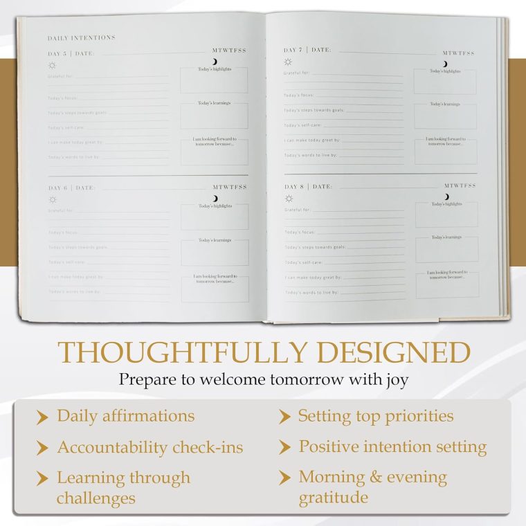 6-Month Guided Self-Care Journal – Morning & Evening Routines, Gratitude Prompts, Habit Tracking, Undated Daily Planner for Personal Growth, FSC-Certified Paper, Gold Foil Linen Cover (Sand) - Image 6