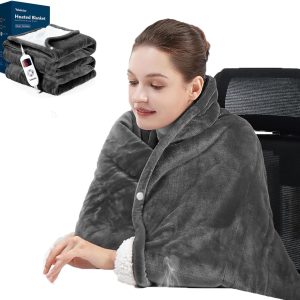 Heated Blanket, Electric Blanket with 2 Wearable Buttons, 50x60 Inches Wearable Heated Throw Blanket, 6 Heating Levels & 4 Options Auto Off, for Office, Home (Grey)