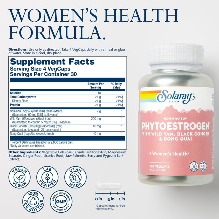 SOLARAY PhytoEstrogen Menopause Supplements - Wild Yam, Black Cohosh, and Dong Quai Estrogen Pills for Women's Health - Vegan, Lab Verified, 60-Day Guarantee (30 Servings, 120 VegCaps) - Image 2