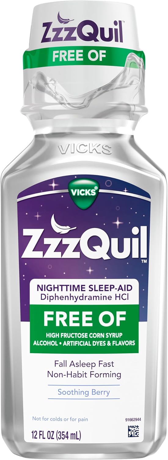 ZzzQuil, Nighttime Sleep Aid Liquid, FREE OF Alcohol & Artificial Dyes, 50 mg Diphenhydramine HCl, No.1 Sleep Aid Brand, Fall Asleep Fast, Non-Habit Forming, Soothing Berry Flavor, 12 FL OZ - Image 11
