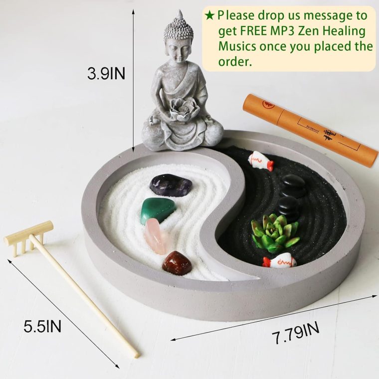 Mini Zen Garden Kit for-Desk - Yin Yang Crystal Sand Rock Garden with Zen Rake Buddha Statue Healing Stones White Sand, Japanese Meditation Gift Set for Home Office Desktop Fidget Toys - Image 6