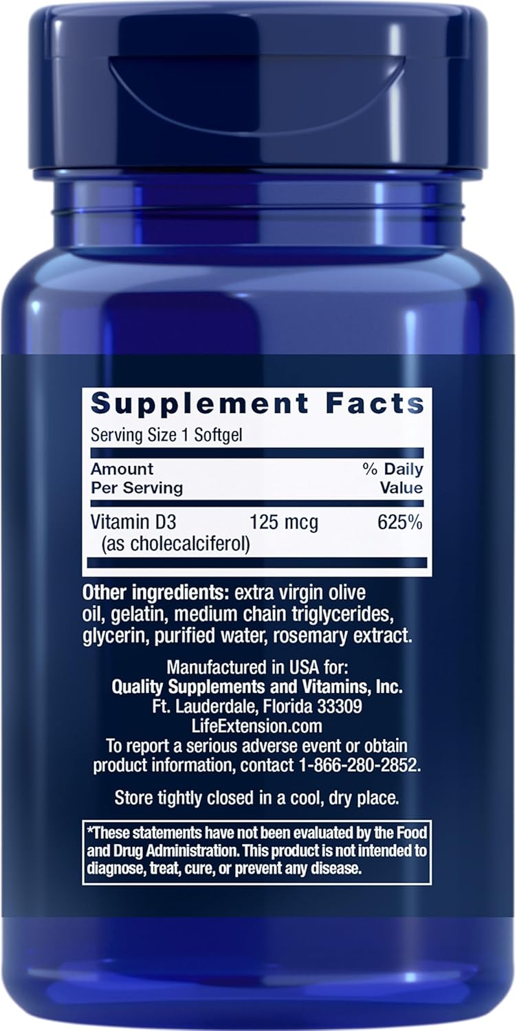 Life Extension Vitamin D3 125 mcg (5000 IU), Bone Health, Brain Performance, Immune System Support, Gluten-Free, Non-GMO, Once Daily, Two-Month Supply, 60 Softgels - Image 2