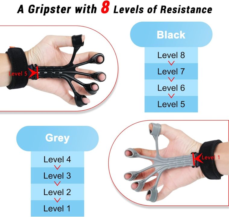 Grip Strength Trainer,4 Pcs Gripster, 8-Gear Strength Adjustment, Used to Exercise Finger Strength, Flexibility and Physical Recovery of Hands. Simultaneous Grip Strength and Tension Exercise. - Image 4
