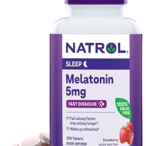 Natrol Melatonin 5mg Fast Dissolve Tablets, Sleep Support Supplements for Adults, Strawberry Flavor, 200 Tablets, Up to 200 Day Supply