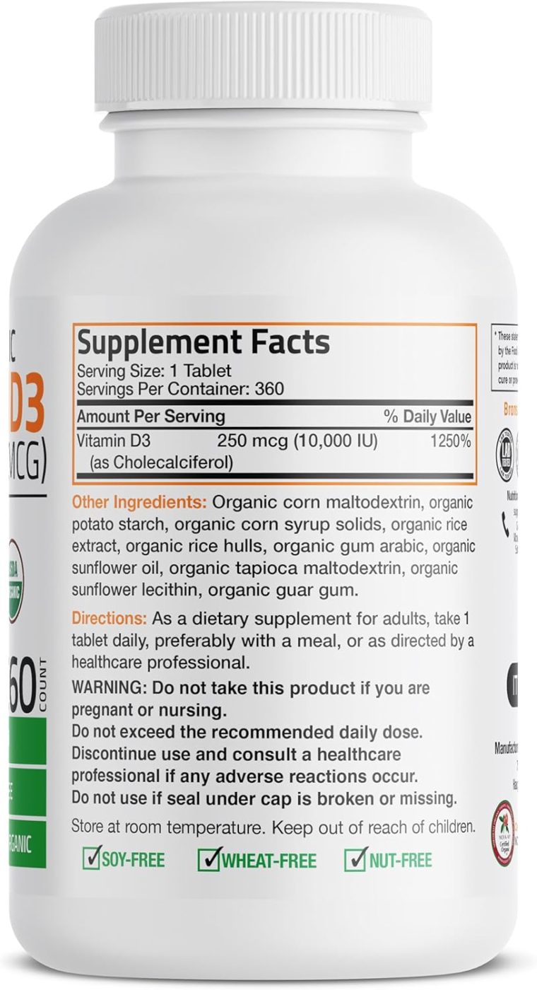 Bronson Vitamin D3 10,000 IU (250 mcg) Certified Organic High Potency Non-GMO Vitamin D Supplement, 360 Tablets - Image 2