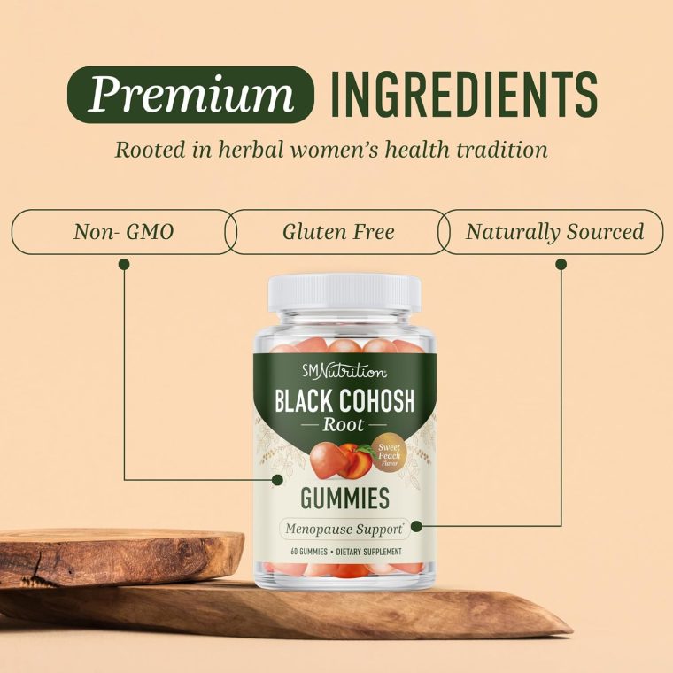 Black Cohosh Gummies for Menopause Relief, Hot Flashes & Night Sweats | 50mg Black Cohosh Root for Women | Gluten-Free, Vegetarian, Non-GMO | Hormone Balance Support | Yummy Peach Flavor | 60 Gummies - Image 3