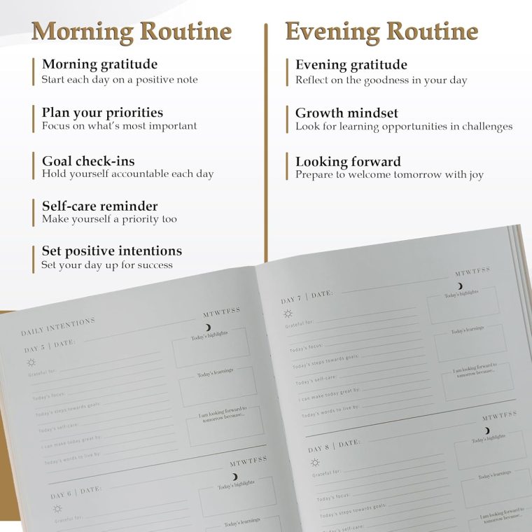 6-Month Guided Self-Care Journal – Morning & Evening Routines, Gratitude Prompts, Habit Tracking, Undated Daily Planner for Personal Growth, FSC-Certified Paper, Gold Foil Linen Cover (Sand) - Image 5