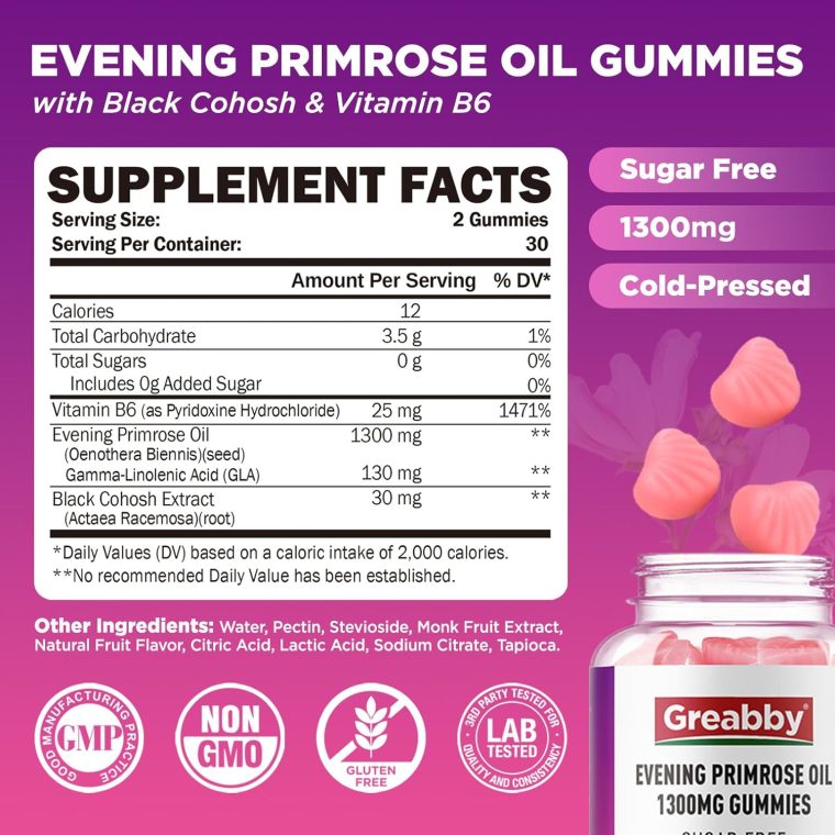 Evening Primrose Oil Gummies for Women, 1300mg with Black Cohosh & Vitamin B6, Sugar-Free, PMS Relief Supplements for Women 20-45, Support Skin Health, Strawberry Flavor, Vegan, Pectin, 60 Count - Image 4