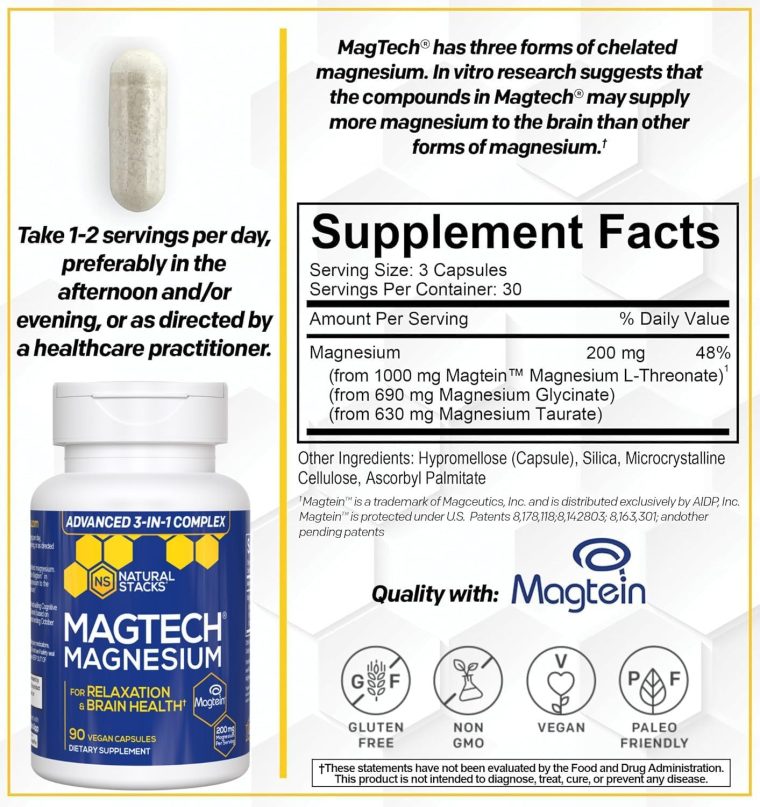 MagTech Magnesium Supplement - 3 Forms of Magnesium: Magtein L-Threonate, Glycinate & Taurate - 200mg Chelated Magnesium Complex - Supports Relaxation & Brain Health - 90 Capsules - Image 2