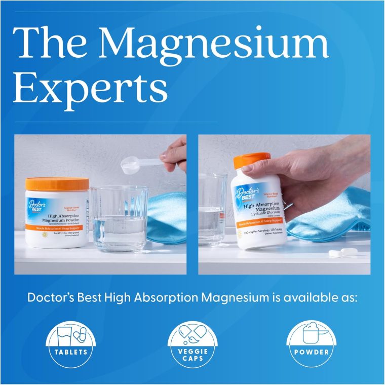 Doctors BEST High Absorption Magnesium Lysinate Glycinate 100% Chelated, Muscle Relaxation & Sleep Support, Non-GMO, Gluten Free, Soy Free, Vegan, 100% Chelated 240 Tablets - Image 8