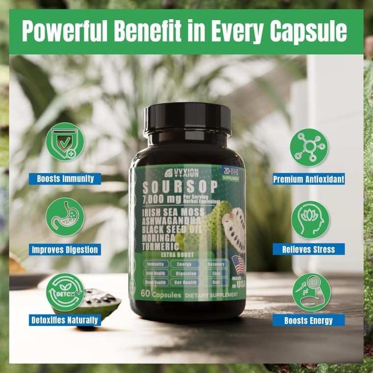 Soursop Graviola Supplement with Sea Moss, Moringa, Turmeric, Black Seed Oil, Oregano, Ashwagandha | 20-in-One Herbal extracts for Overall Health-Enhancing | Vegan, Non-GMO | 60 Capsules - Image 6