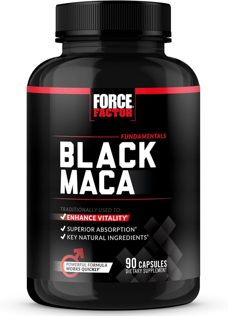 FORCE FACTOR Black Maca Root 1000mg, Vitality Supplement for Men with Black Pepper Extract for Absorption, Natural Maca Negra Extract, 90 Capsules