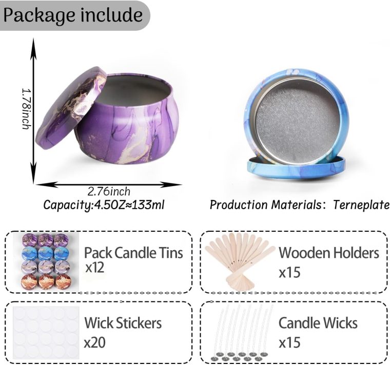 Hiztghc Aromatherapy Candle Making Kit – 12-Pack 4.5 oz Marble Metal Tins with Lids, Including Wooden Wick Holder Sticks, Wick Stickers & 100% Cotton Wicks Beginner-Friendly - Image 2