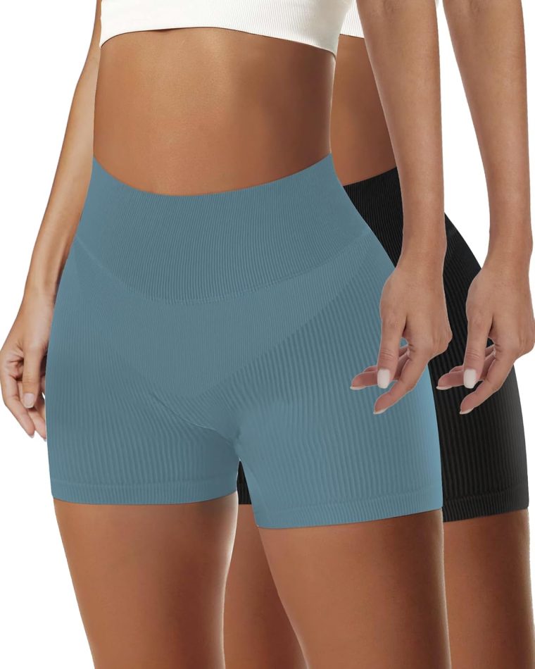 AURUZA 1-2PCS Workout Shorts Women, High Waist Biker Seamless Ribbed Athletic Yoga Gym Shorts Leggings, Blue, Solid