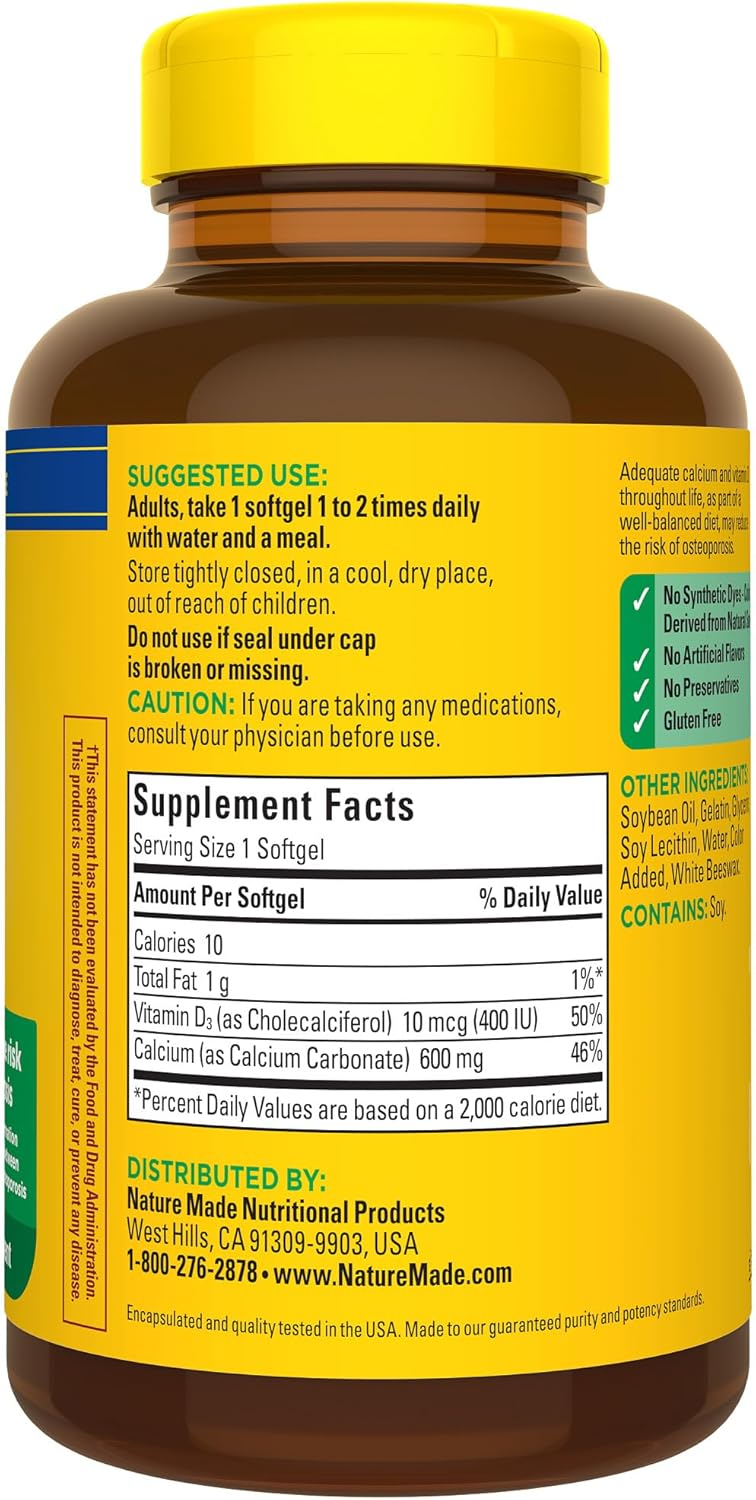 Nature Made Calcium 600 mg with Vitamin D3, Dietary Supplement for Bone Support, 100 Softgels - Image 9
