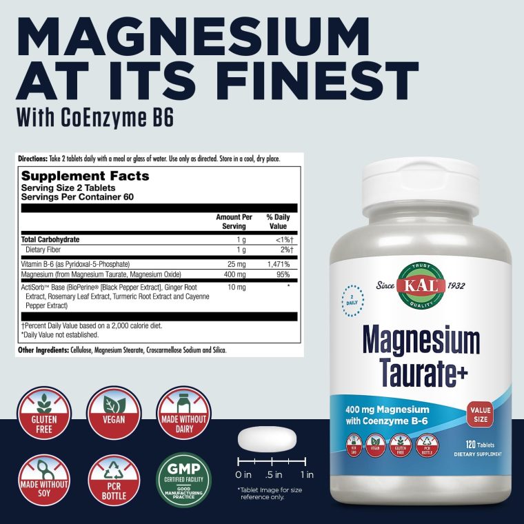 KAL Magnesium Taurate 400mg Plus Vitamin B6, Chelated Magnesium Supplement, High Absorption Magnesium Complex, Muscle and Heart Health Support, Vegan, Gluten Free, 60-Day Guarantee, 60 Serv, 120 Tabs - Image 2