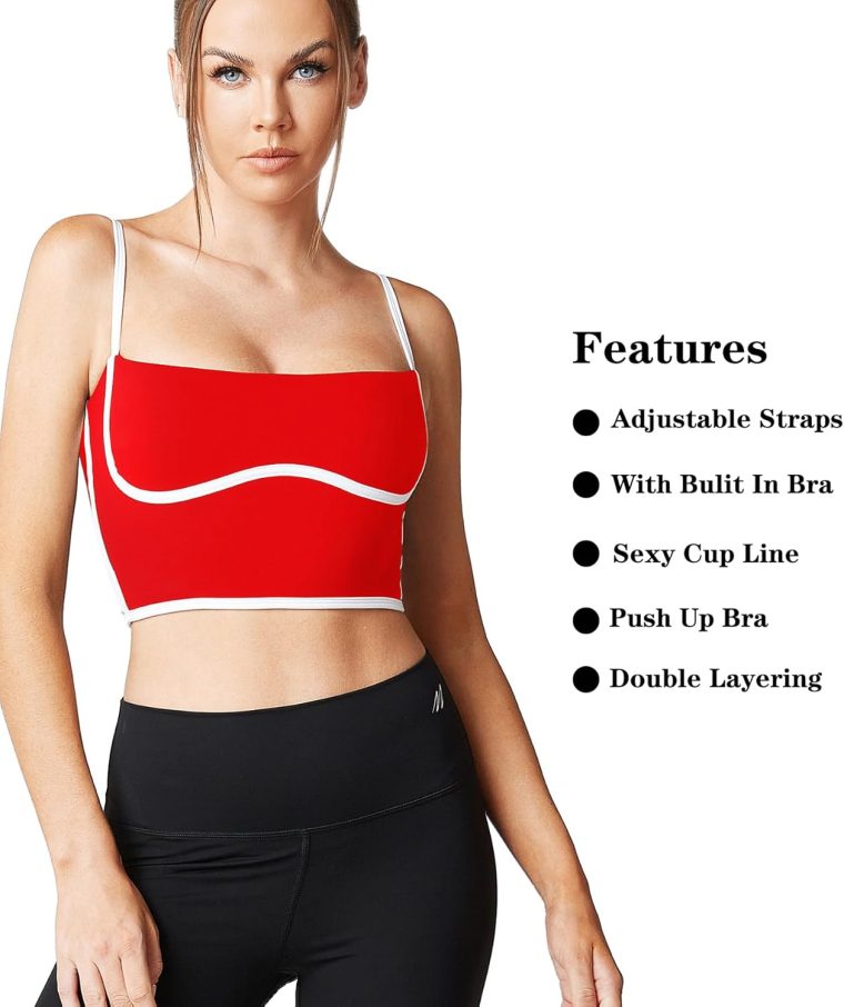 Move With You Sleeveless Spaghetti Strap Padded Sports Bra Tank Tops Square Neck Double Layer Workout Fitness Basic Crop Tops - Image 4
