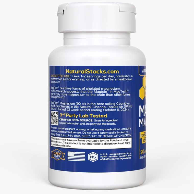 MagTech Magnesium Supplement - 3 Forms of Magnesium: Magtein L-Threonate, Glycinate & Taurate - 200mg Chelated Magnesium Complex - Supports Relaxation & Brain Health - 90 Capsules - Image 7