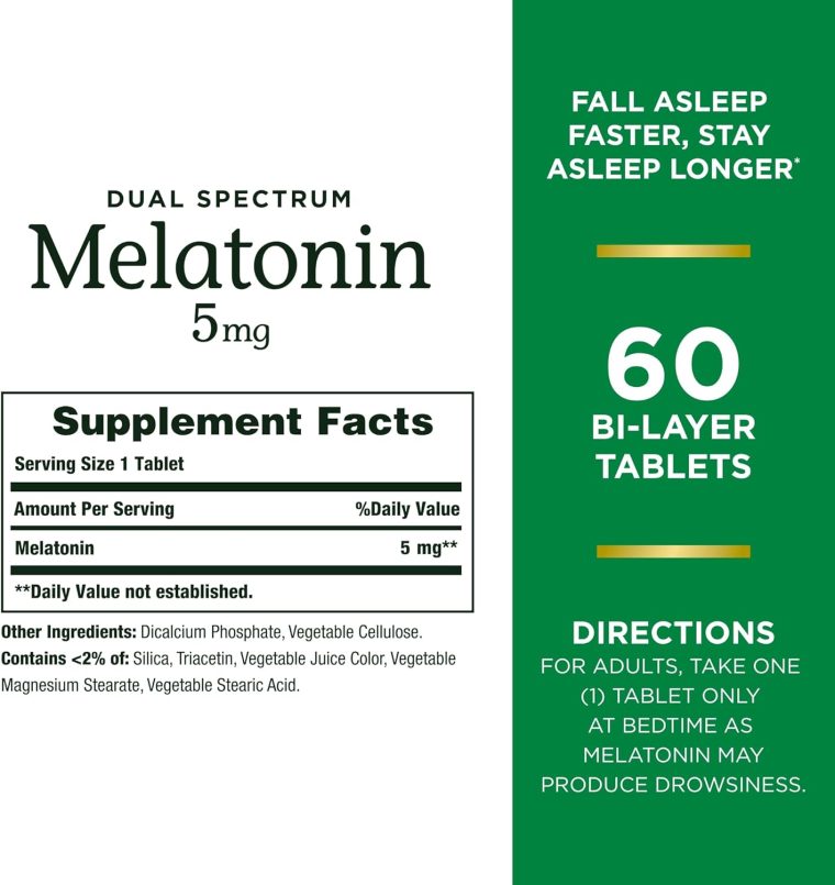 Nature's Bounty Melatonin 5mg Dual Spectrum, 100% Drug Free Sleep Supplement, Quick Release and Extended Release, Promotes Relaxation and Sleep Health, 60 Bi-Layer Tablets - Image 2
