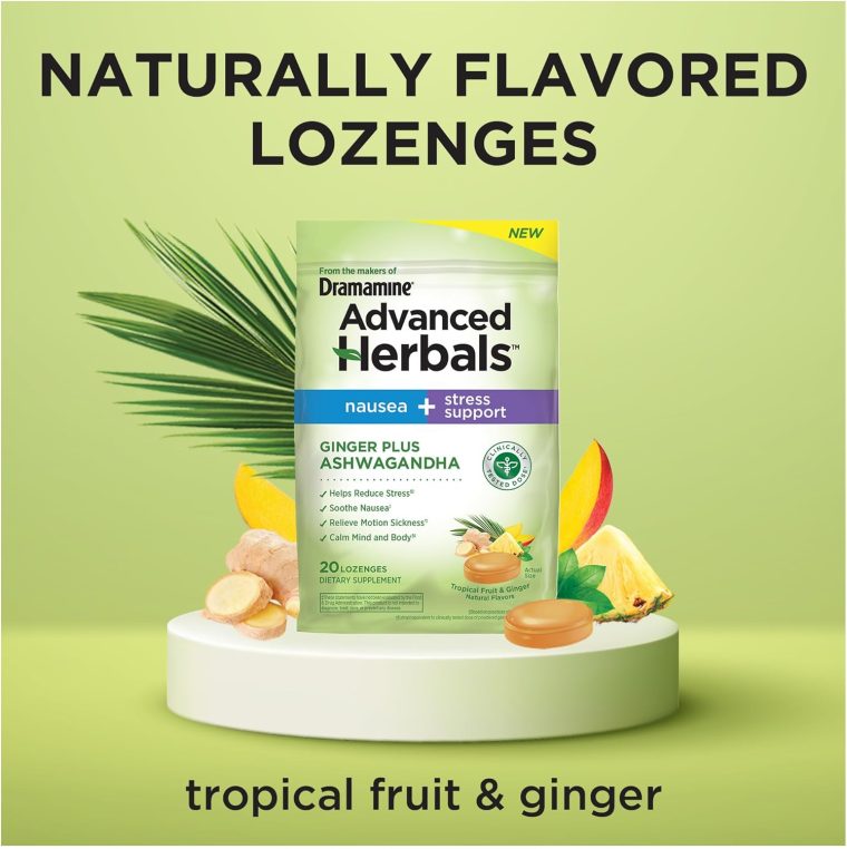 From the Makers of Dramamine, Advanced Herbals, Nausea and Stress Support with Ginger and Ashwagandha, Tropical Fruit and Ginger Flavored Lozenges, 20 Ct - Image 4
