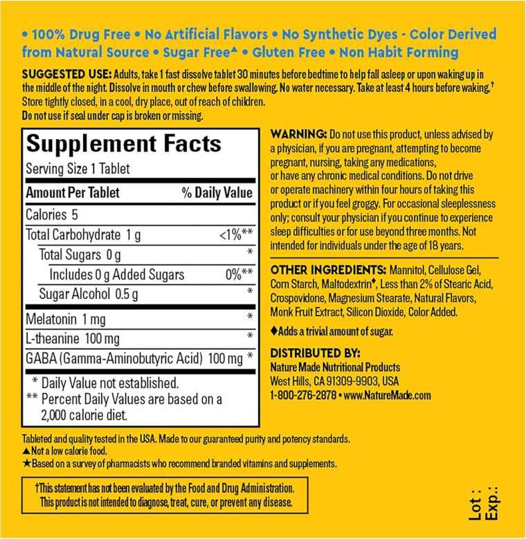 Nature Made Wellblends Back To Sleep, Lower Dose Melatonin 1 mg, L theanine 100 mg and GABA 100mg, Sleep Supplement, 40 Fast Dissolve Tablets - Image 5