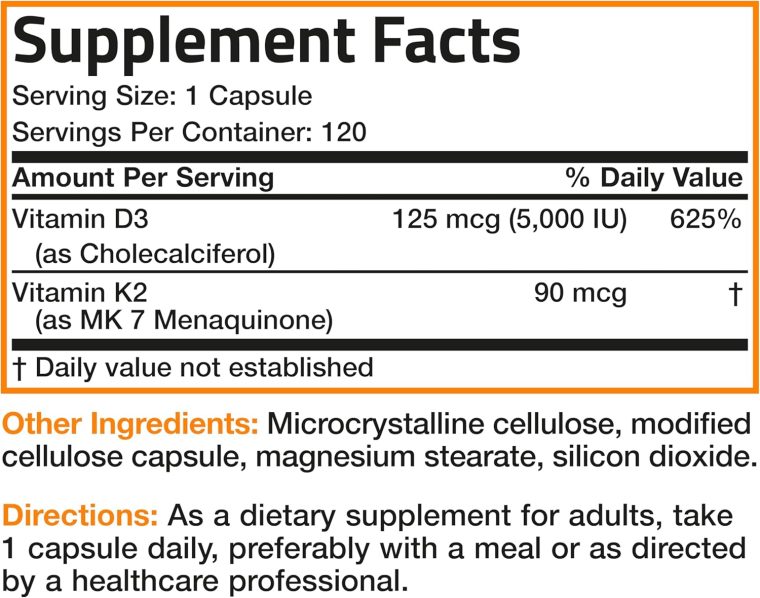 Bronson Vitamin K2 (MK7) with D3 Supplement Non-GMO Formula 5000 IU Vitamin D3 & 90 mcg K2 MK-7 Easy to Swallow D & K Complex, 120 Capsules - Image 8