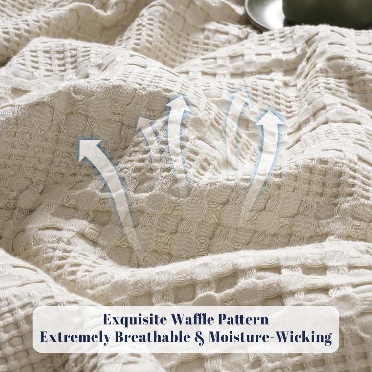 PHF Cooling Waffle Blanket Queen Size, Lightweight 60% Rayon Derived from Bamboo & 40% Cotton Breathable Blanket for Hot Sleepers, Soft and Luxury for Bed Couch and Sofa, 90"x90", Linen - Image 4