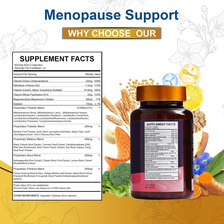 40-in-1 Menopause Support for Women – Hormonal Balance, Hot Flash & Mood Relief – Black Cohosh, DIM, Maca, Red Clover, Probiotics, B6, D3 & More – Vegan, 120 Capsules - Image 2