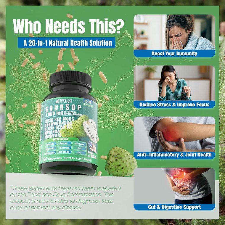 Soursop Graviola Supplement with Sea Moss, Moringa, Turmeric, Black Seed Oil, Oregano, Ashwagandha | 20-in-One Herbal extracts for Overall Health-Enhancing | Vegan, Non-GMO | 60 Capsules - Image 3