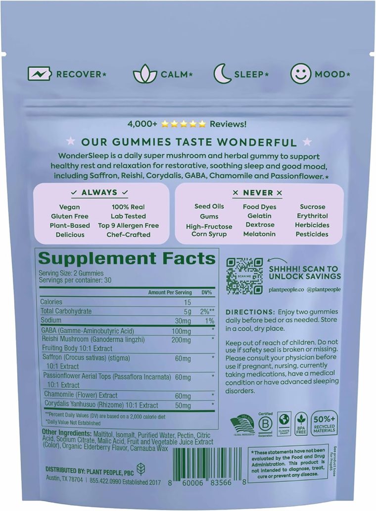 Plant People WonderSleep Mushroom Gummies Supplement for Sleep and Relaxation with Reishi Super Mushrooms, Wild Elderberry Flavor, No Sugar (60 Count) - Image 11