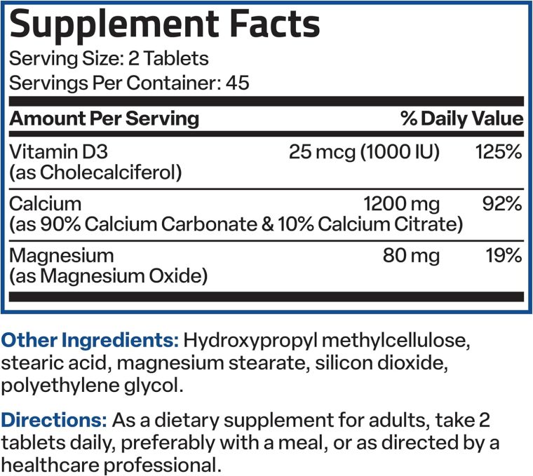 Bronson Calcium 1200 MG Per Serving Sustained Release with Vitamin D3 1000 IU Vitamin D3 Per Serving Non-GMO, 90 Tablets - Image 6