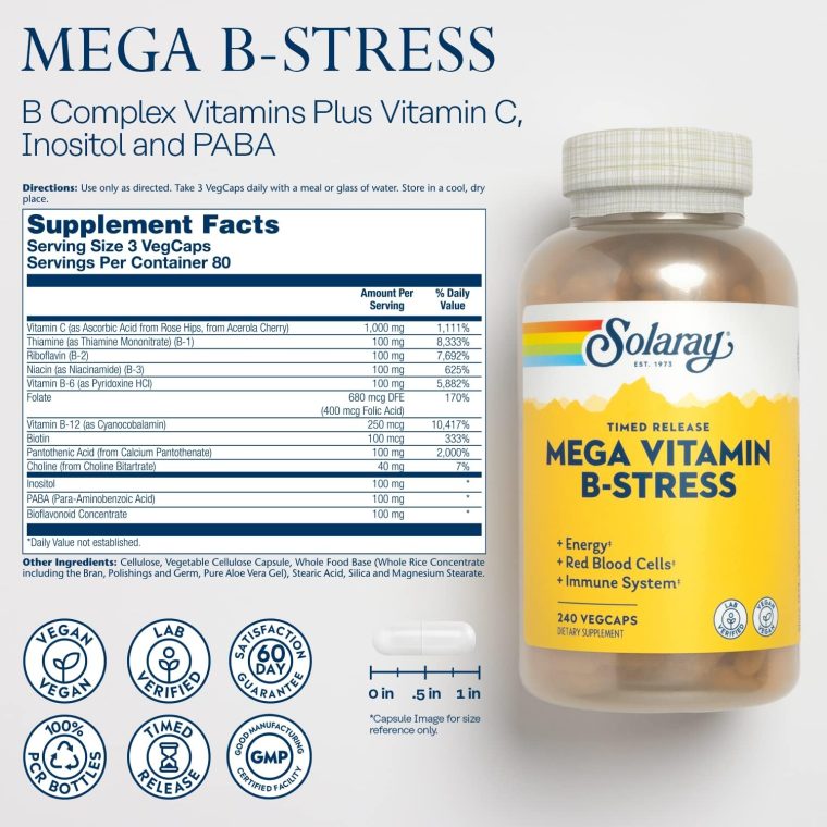 SOLARAY Mega Vitamin B-Stress - Timed Release Vitamin B Complex w/Vitamin B12, B6, Folic Acid, VIT. C - Stress, Energy, Red Blood Cell, Immune Support - Vegan, 60-Day Guarantee (240 CT) - Image 2