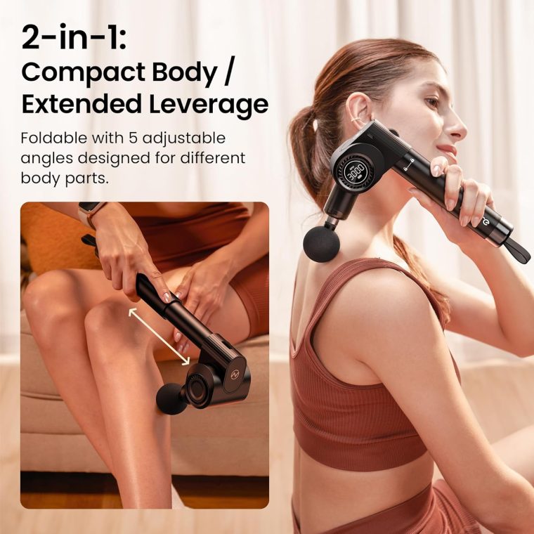 Foldable Massage Gun Deep Tissue with 5 Adjustable Angles,Portable Percussion Back Massager for Muscle/Neck/Body Pain Relief with Long Extension Metal Handle,32-Speeds,with Carry Case - Image 2