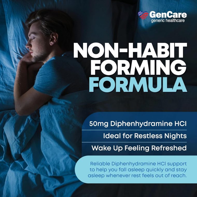 GenCare Maximum Strength Nighttime Sleep Aid Supplement for Adults Deep Sleep Pills with Diphenhydramine HCl 50mg to Fall Asleep Faster- Strong Non-Habit Forming PM Sleeping Relief [96 Softgels] - Image 3