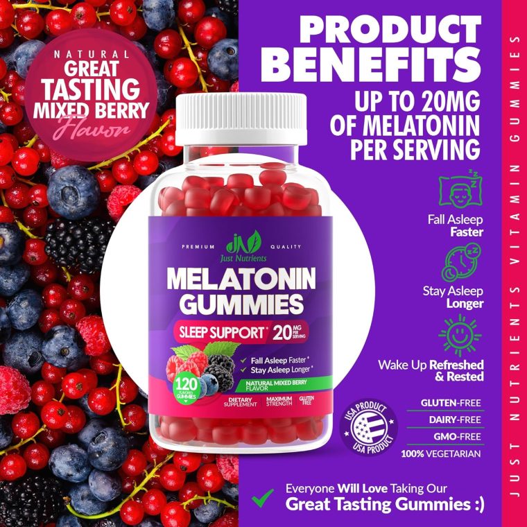 Melatonin 20mg Gummies for Adults (120 Count) - Maximum Strength Sleep Aid with 10mg of Melatonin Per Gummy - Gluten-Free, Non-GMO, Vegetarian, Great Tasting Mixed Berry Flavor - 60 Servings - Image 3