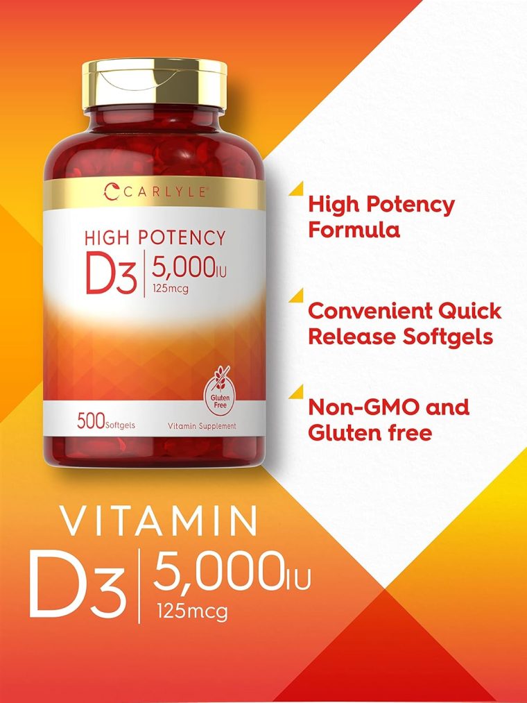 Carlyle Vitamin D3 5000 IU Softgels | 500 Count | Value Size | Non-GMO and Gluten Free Supplement | High Potency Formula | 125mcg - Image 3