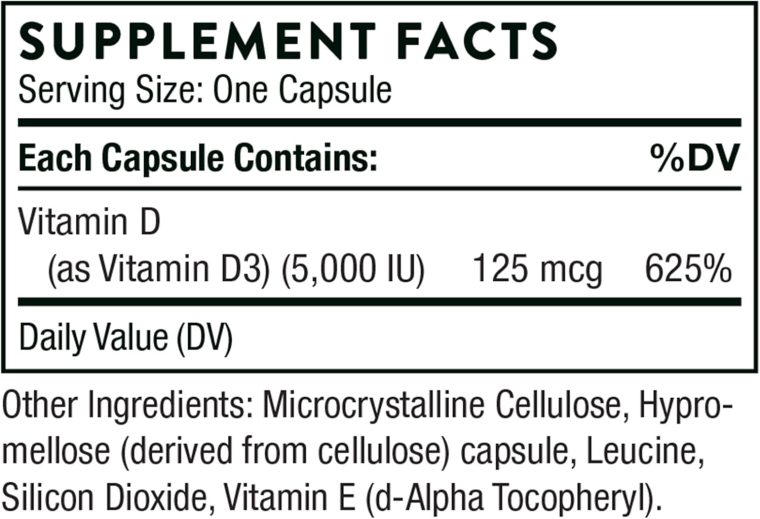 THORNE Vitamin D-5000 - Vitamin D3 Supplement - Support Healthy Bones, Teeth, Muscles, Cardiovascular, and Immune Function* - NSF Certified for Sport - Dairy-Free, Soy-Free - 60 Capsules - Image 2