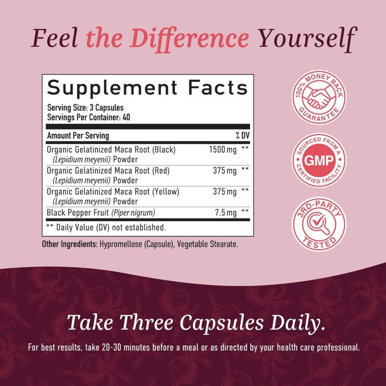 Organic Maca Root Capsules for Women | Peruvian Maca 2250MG Extra Strength | Red, Black & Yellow Root Powder with Black Pepper | Herbal Supplement to Support Energy & Hormone Balance | 120 Ct - Image 6