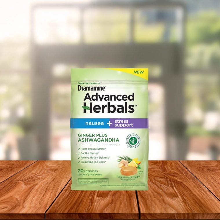 From the Makers of Dramamine, Advanced Herbals, Nausea and Stress Support with Ginger and Ashwagandha, Tropical Fruit and Ginger Flavored Lozenges, 20 Ct - Image 3