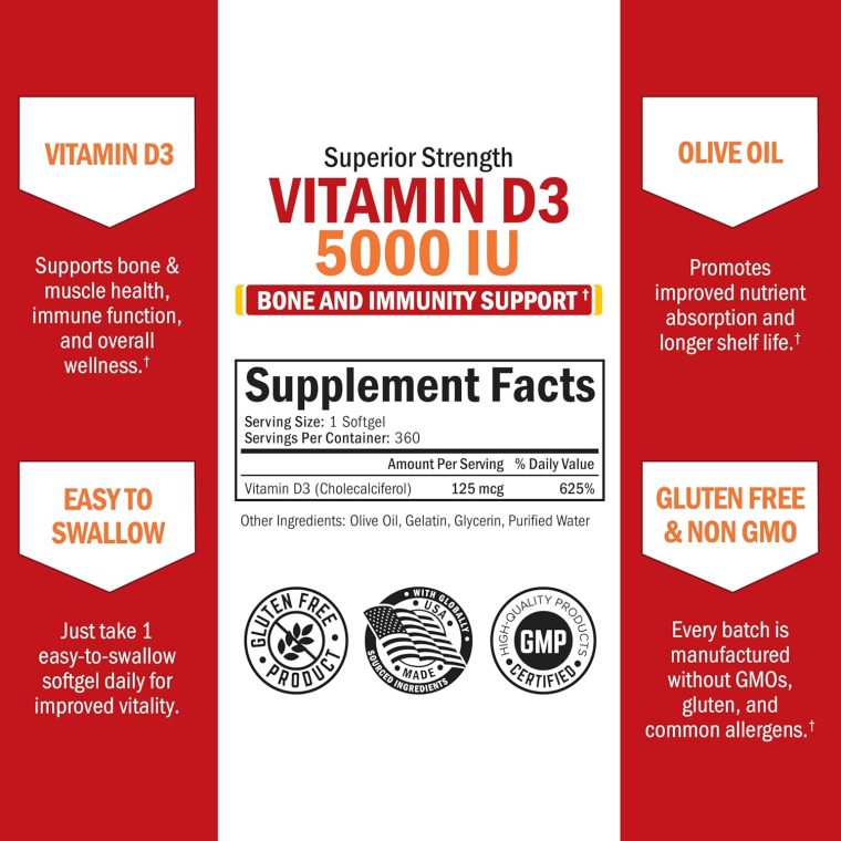 Vitamin D3 5000 IU (125 mcg) Natural Immune Support Supplement, Bone Strength, Healthy Muscle Function, with Olive Oil for Highest Absorption, Gluten Free & Non-GMO, 1 Year Supply, 360 Softgels - Image 4